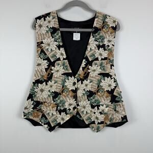 JLN USA Vest Women’s XL Black Beige Sheet Music Floral Christmas Vintage Retro